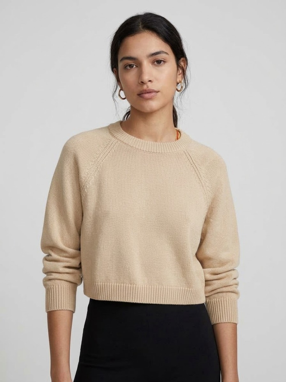 ZARA 100% cotton Knit Sweater Raglan Sleeve Ribbed Trim oatmeal granola color